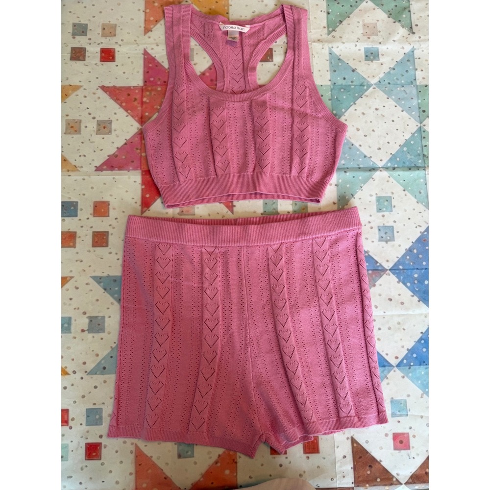 Victorias Secret Pink Heart Pointelle Knit Racerback Crop Top & Shorts Set L